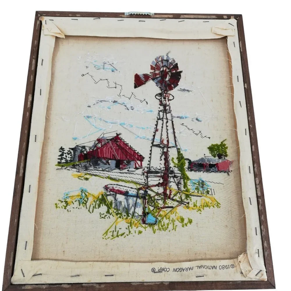 Vintage Completed Crewel Embroidery Picture Windmill Barn National Paragon 1980